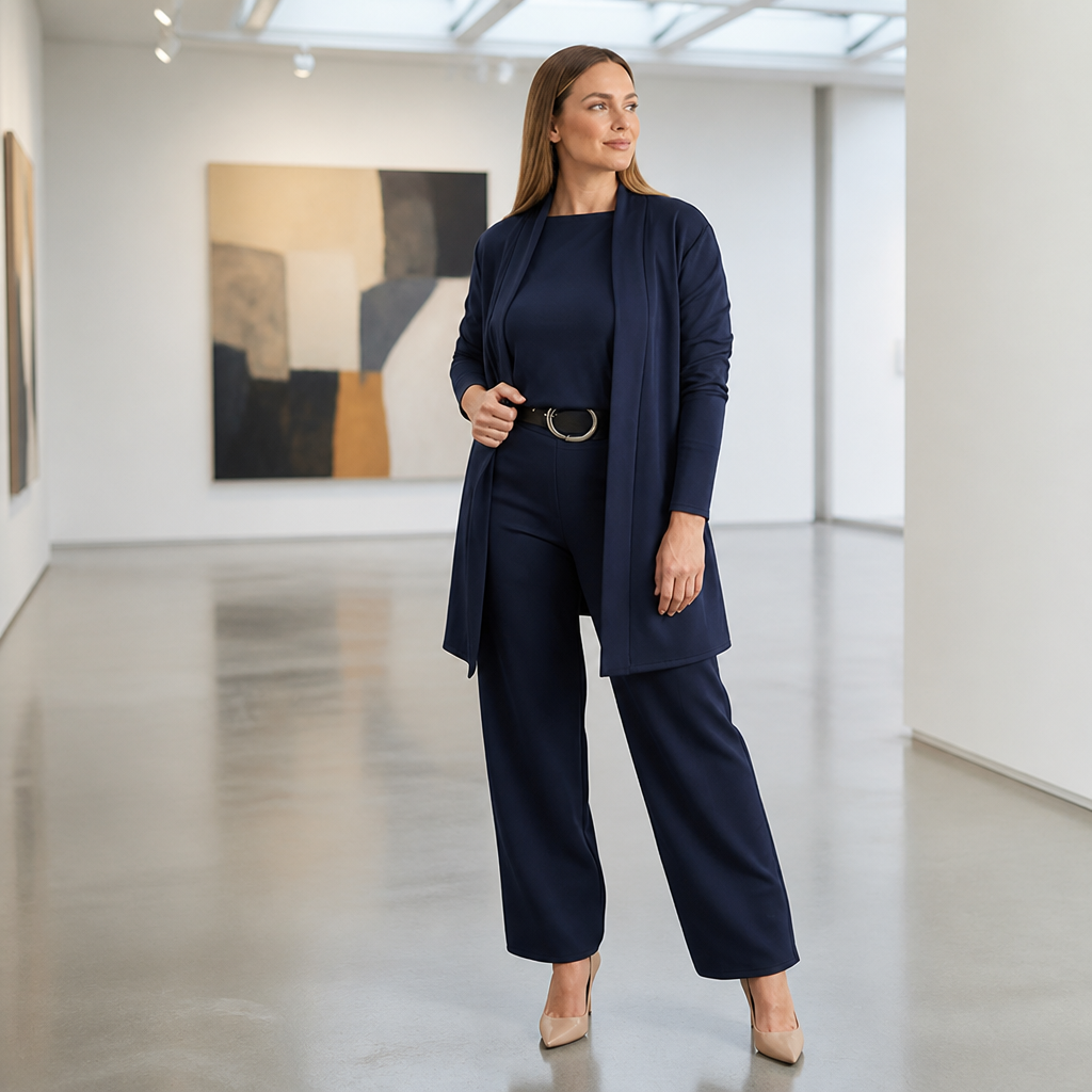 SculptEase™ – Elegant 3-Piece Knit Set with Long Cardigan & Wide-Leg Pants