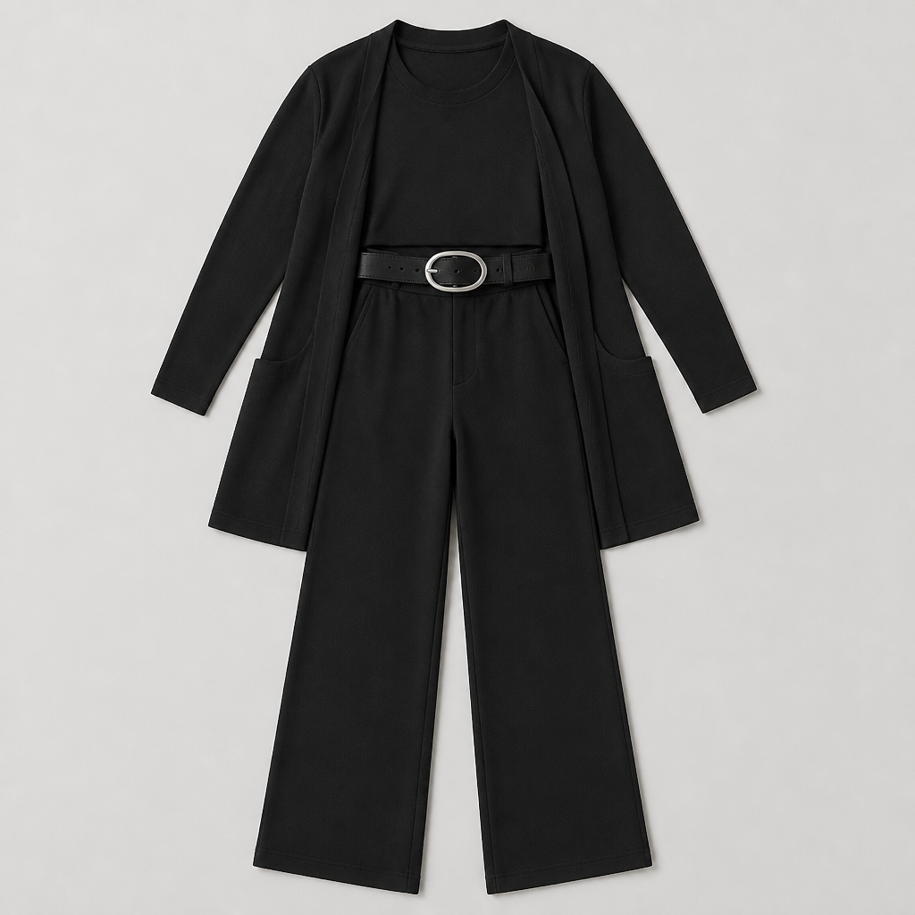 SculptEase™ – Elegant 3-Piece Knit Set with Long Cardigan & Wide-Leg Pants