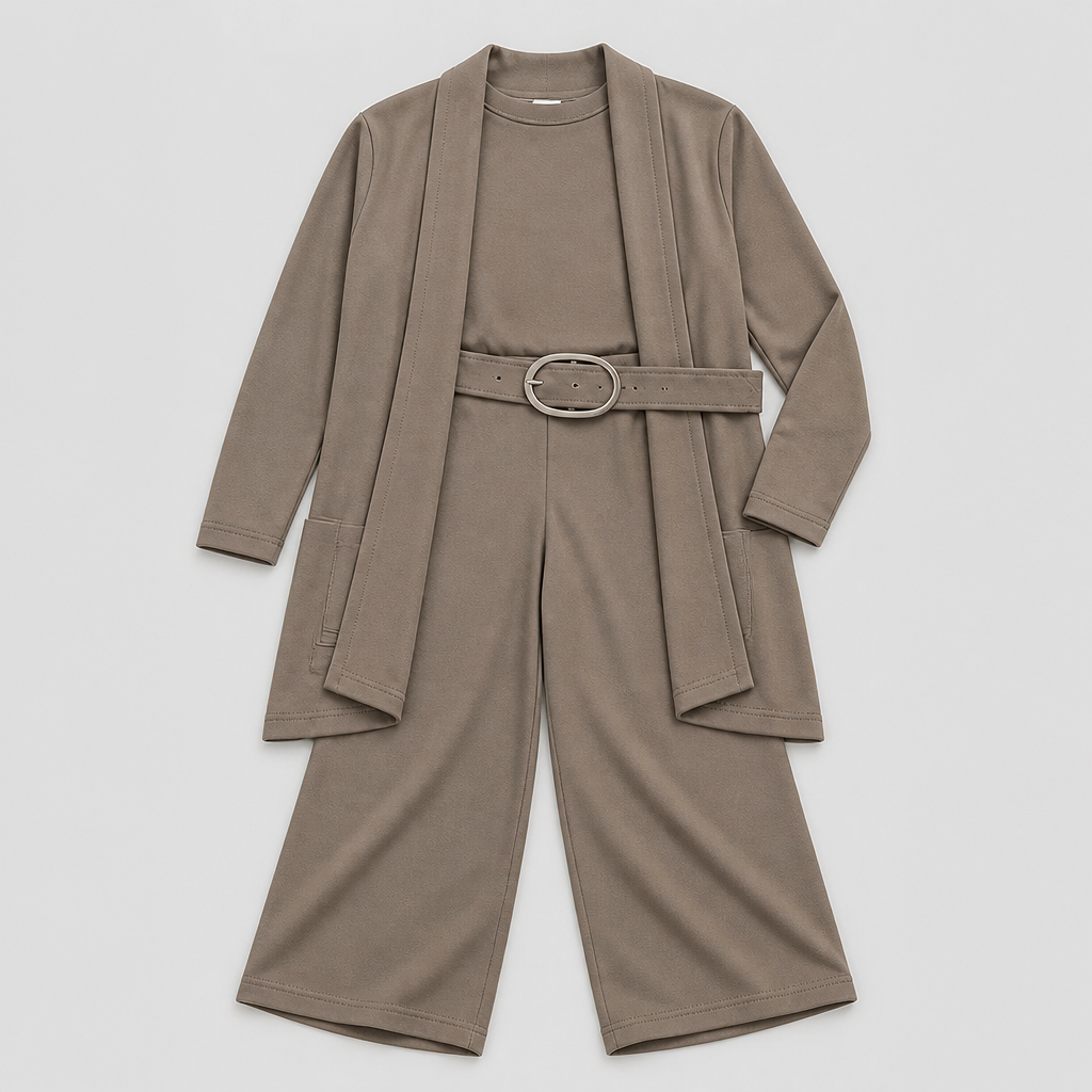 SculptEase™ – Elegant 3-Piece Knit Set with Long Cardigan & Wide-Leg Pants
