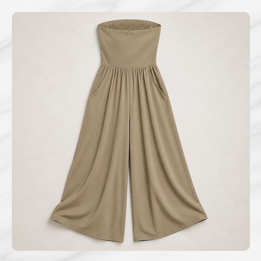 LuminaWear™ – Elegant Strapless Wide-Leg Jumpsuit with Smocked Back