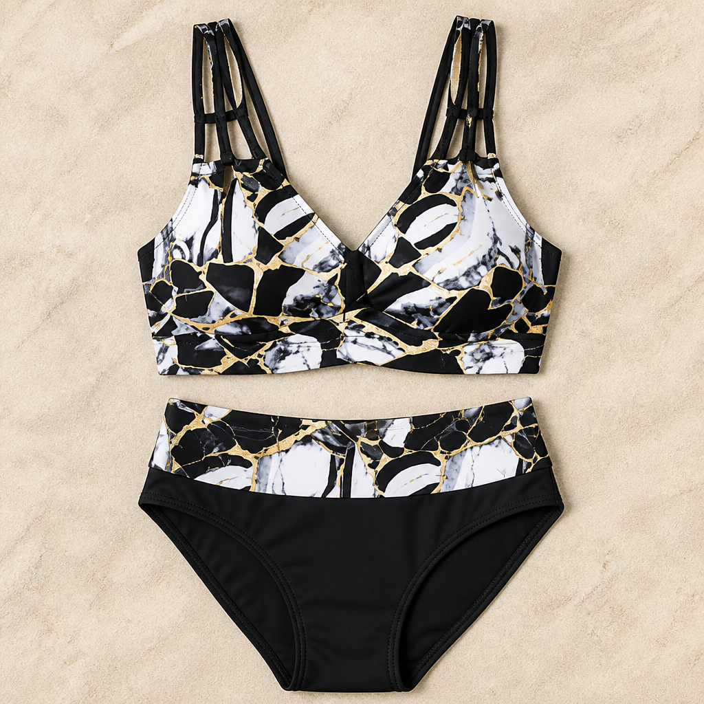 Marenza™ – High-Waisted Marble Bikini Set with Multi-Strap V-Neck Top