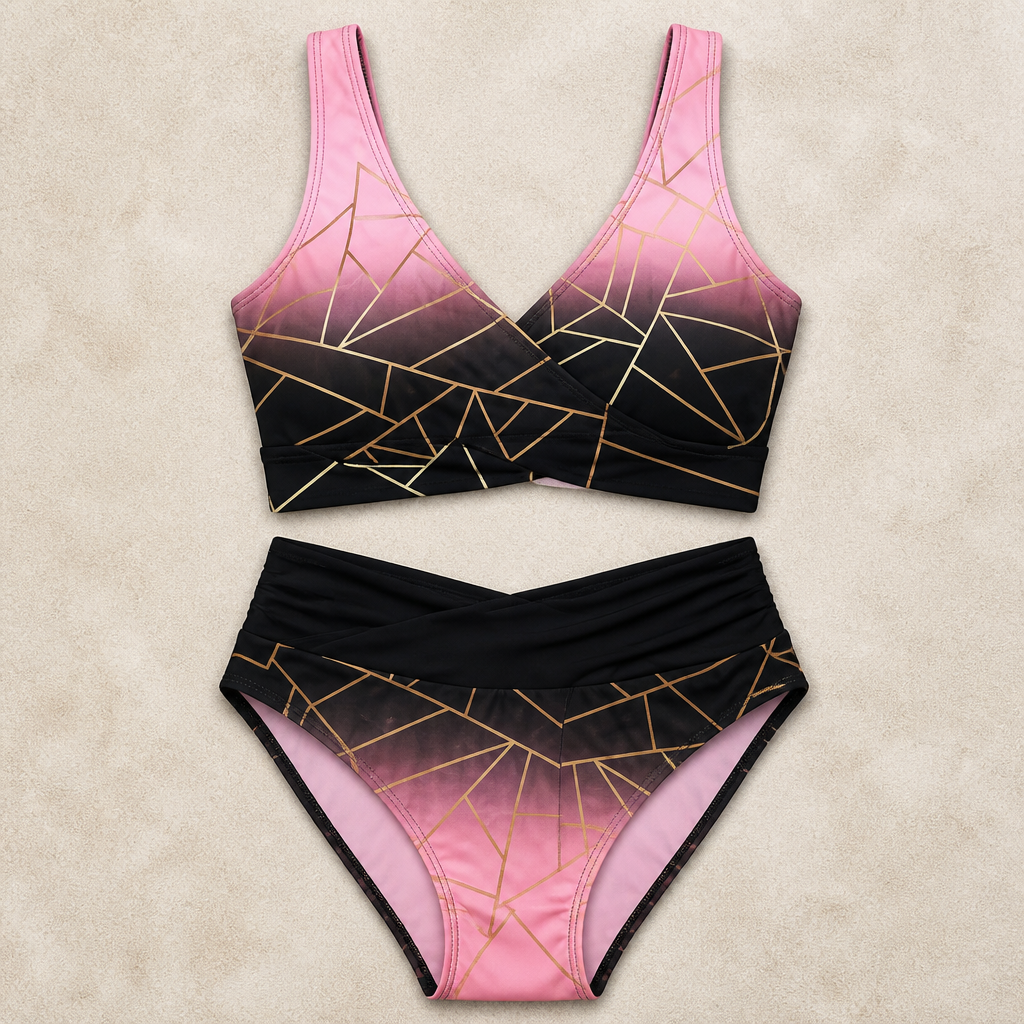 Mosaira™ – Geometric Ombre High-Waist Bikini Set with Crossover Top