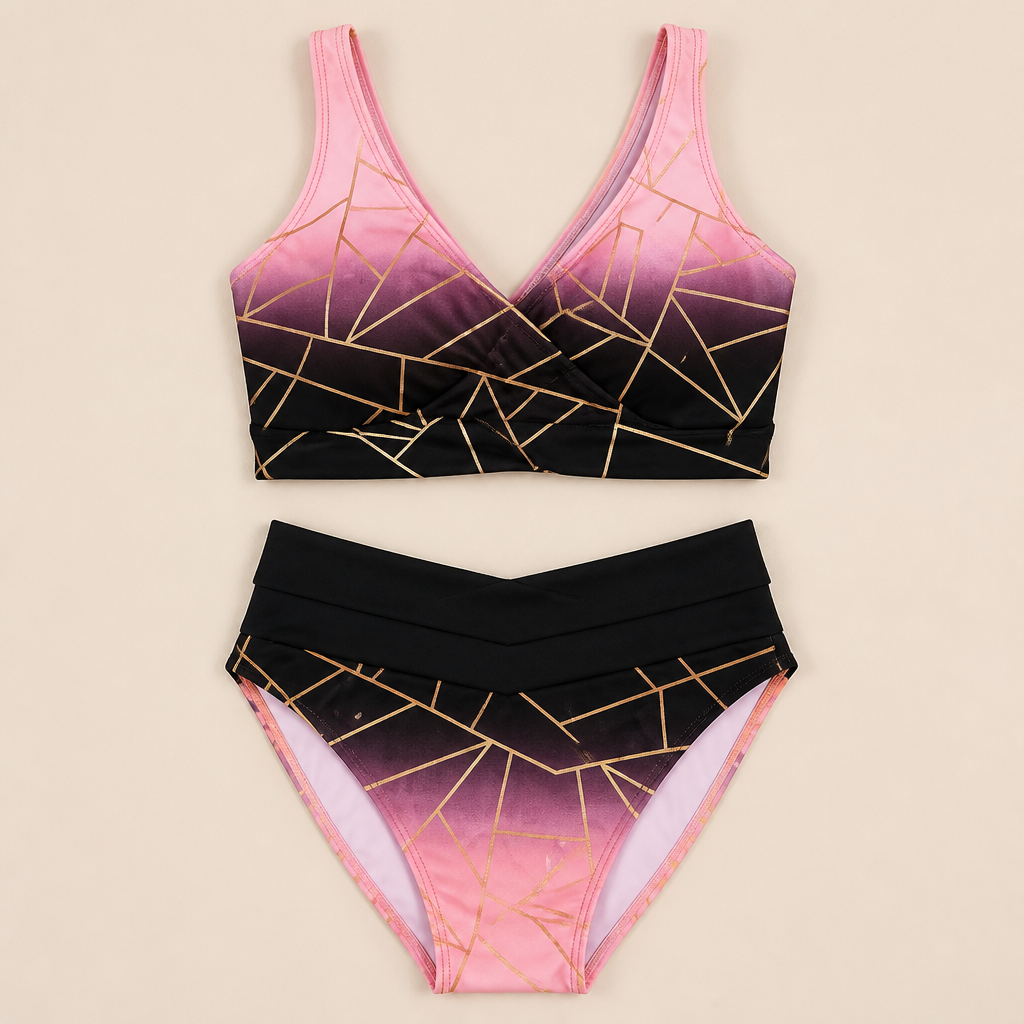 Mosaira™ – Geometric Ombre High-Waist Bikini Set with Crossover Top