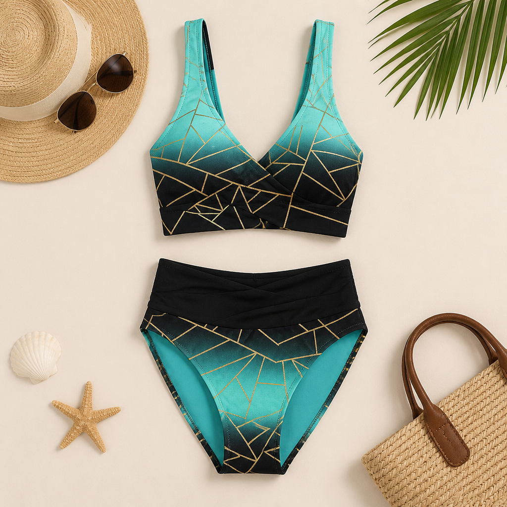 Mosaira™ – Geometric Ombre High-Waist Bikini Set with Crossover Top