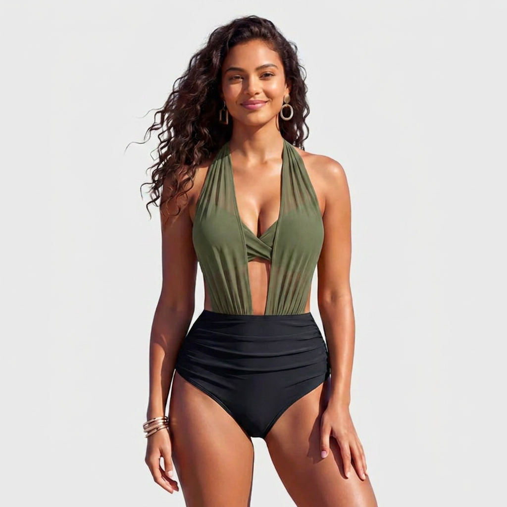 VelaMist™ – Sculpting High-Waist Mesh One-Piece Swimsuit with Twist Front