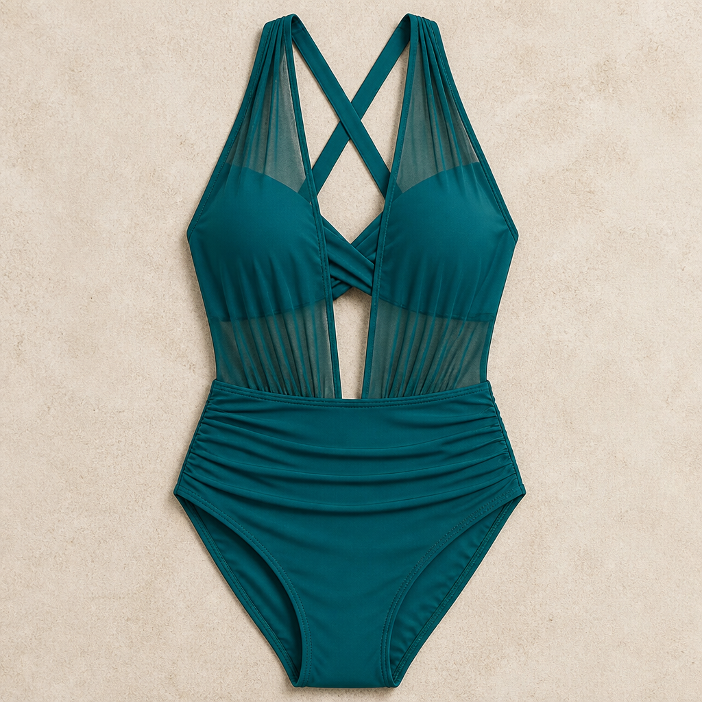 VelaMist™ – Sculpting High-Waist Mesh One-Piece Swimsuit with Twist Front