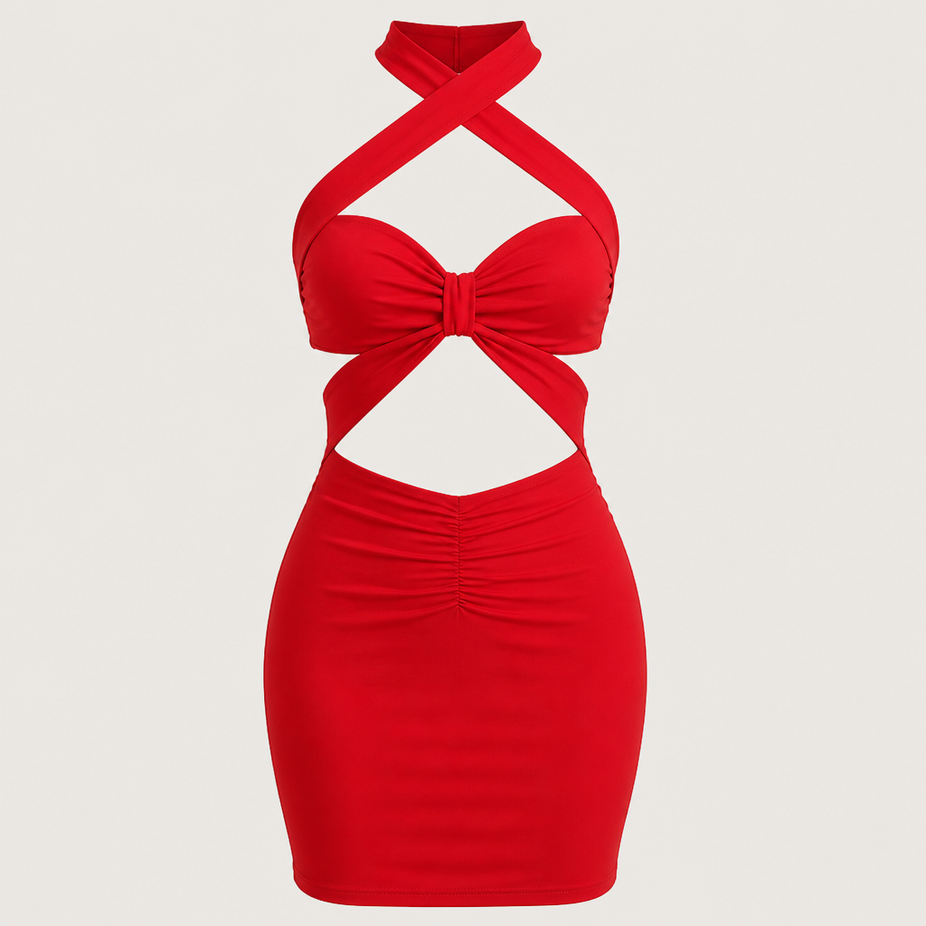 VioraVibe™ – Crossover Halter Cut-Out Bodycon Mini Dress
