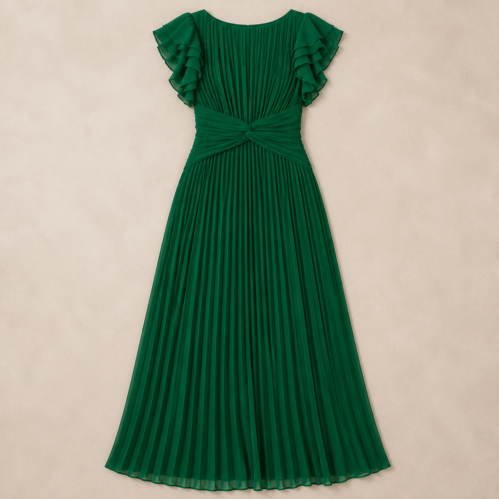 Seluria™ – Flutter-Sleeve Pleated Maxi Dress with Twist-Front Waist