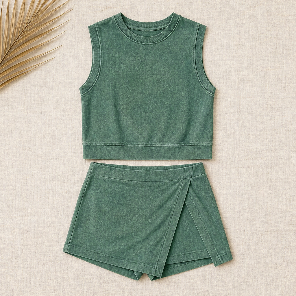 Auvora™ – Mineral-Washed Muscle Tank & Wrap Skort Set