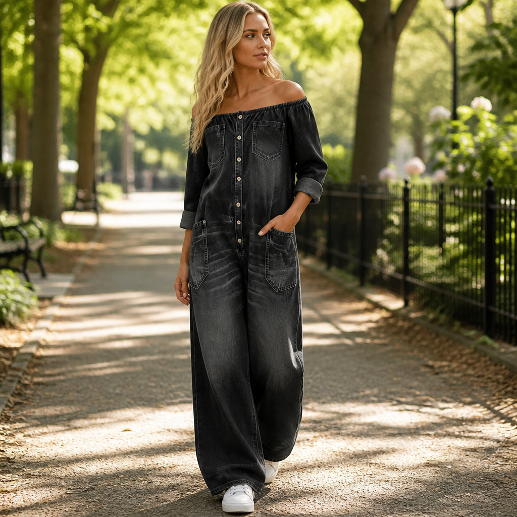 SolsticeWave™ – Off-Shoulder Wide-Leg Denim Jumpsuit with Button-Front Placket