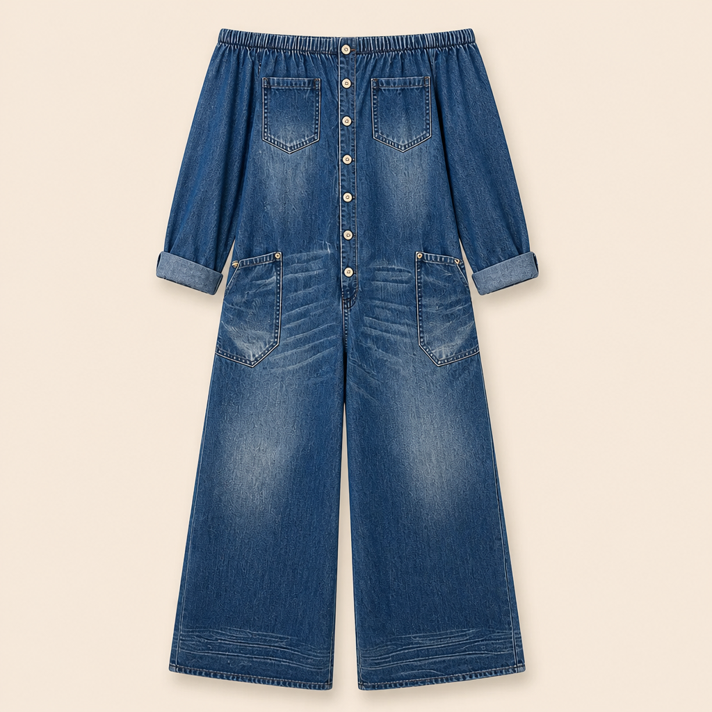 SolsticeWave™ – Off-Shoulder Wide-Leg Denim Jumpsuit with Button-Front Placket