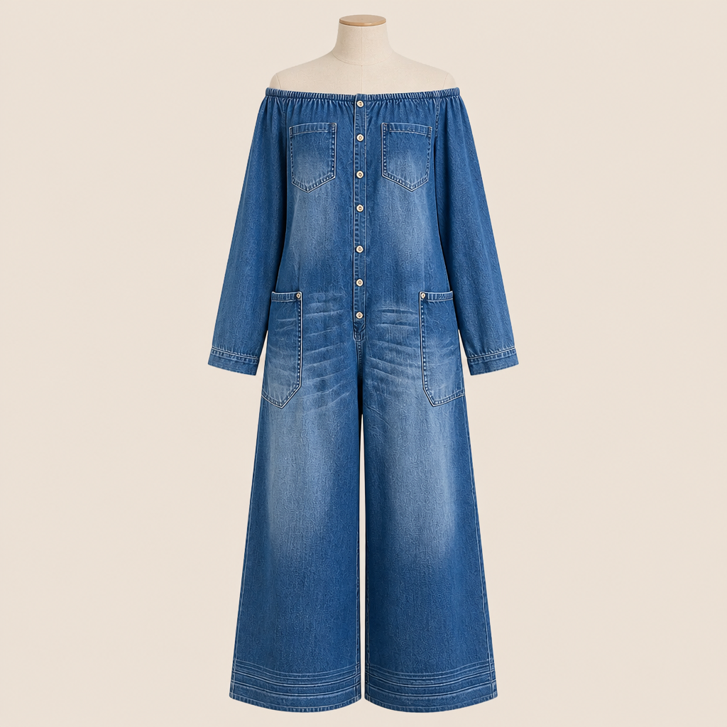 SolsticeWave™ – Off-Shoulder Wide-Leg Denim Jumpsuit with Button-Front Placket