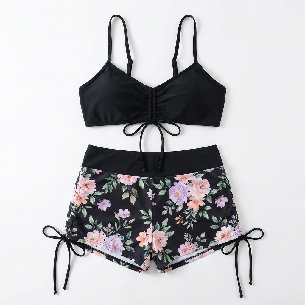 MirageCove™ – High-Waist Boyshort Bikini Set with Adjustable Side Drawstrings