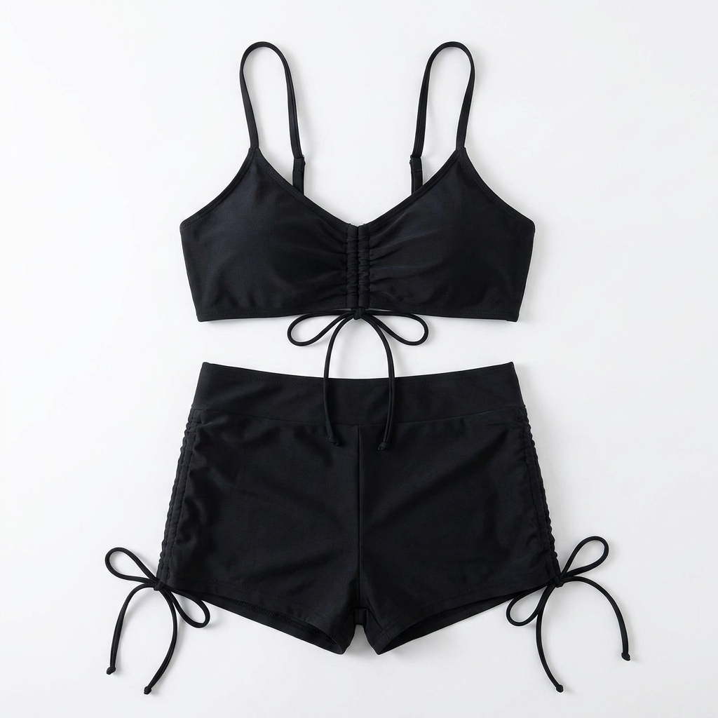 MirageCove™ – High-Waist Boyshort Bikini Set with Adjustable Side Drawstrings
