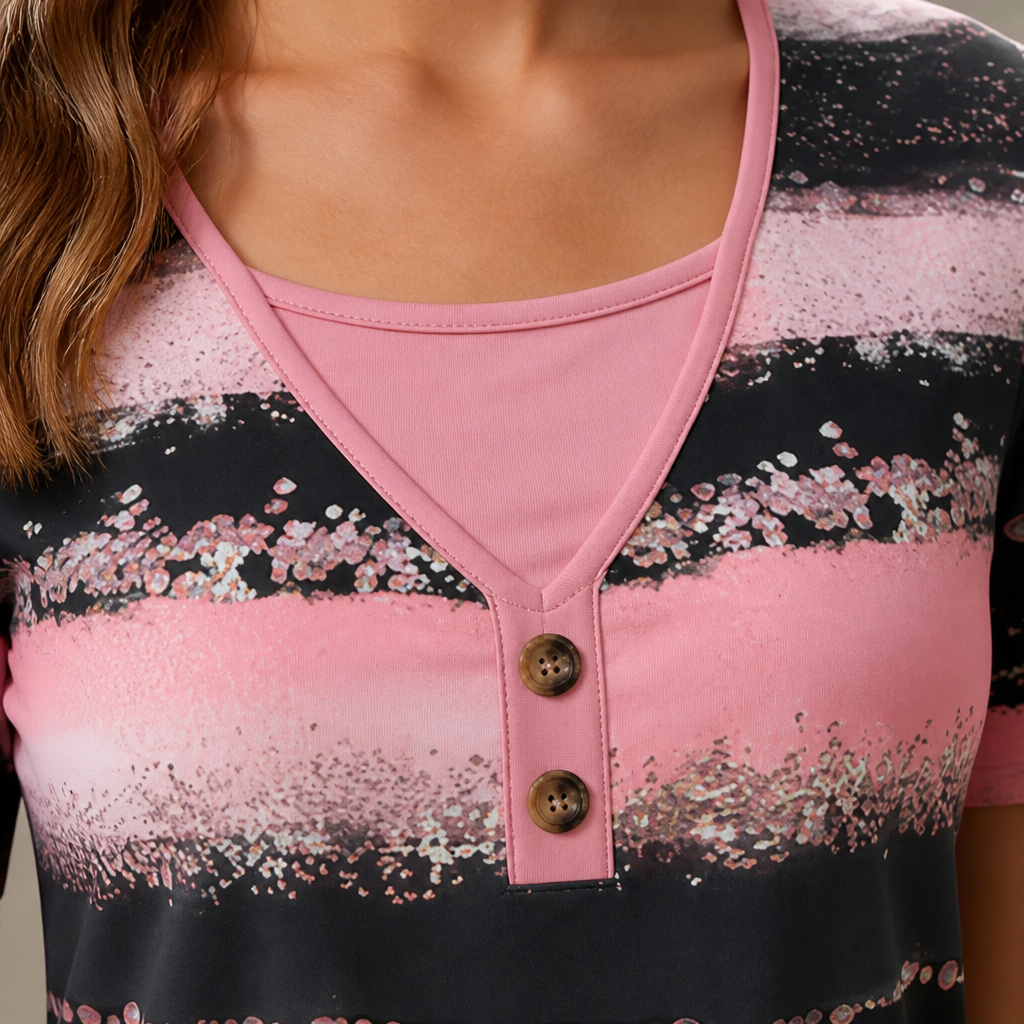 NovaLayer™ – Relaxed Faux Two-Piece Striped Henley Top with Shimmer Print