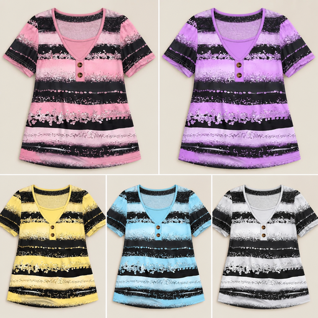 NovaLayer™ – Relaxed Faux Two-Piece Striped Henley Top with Shimmer Print