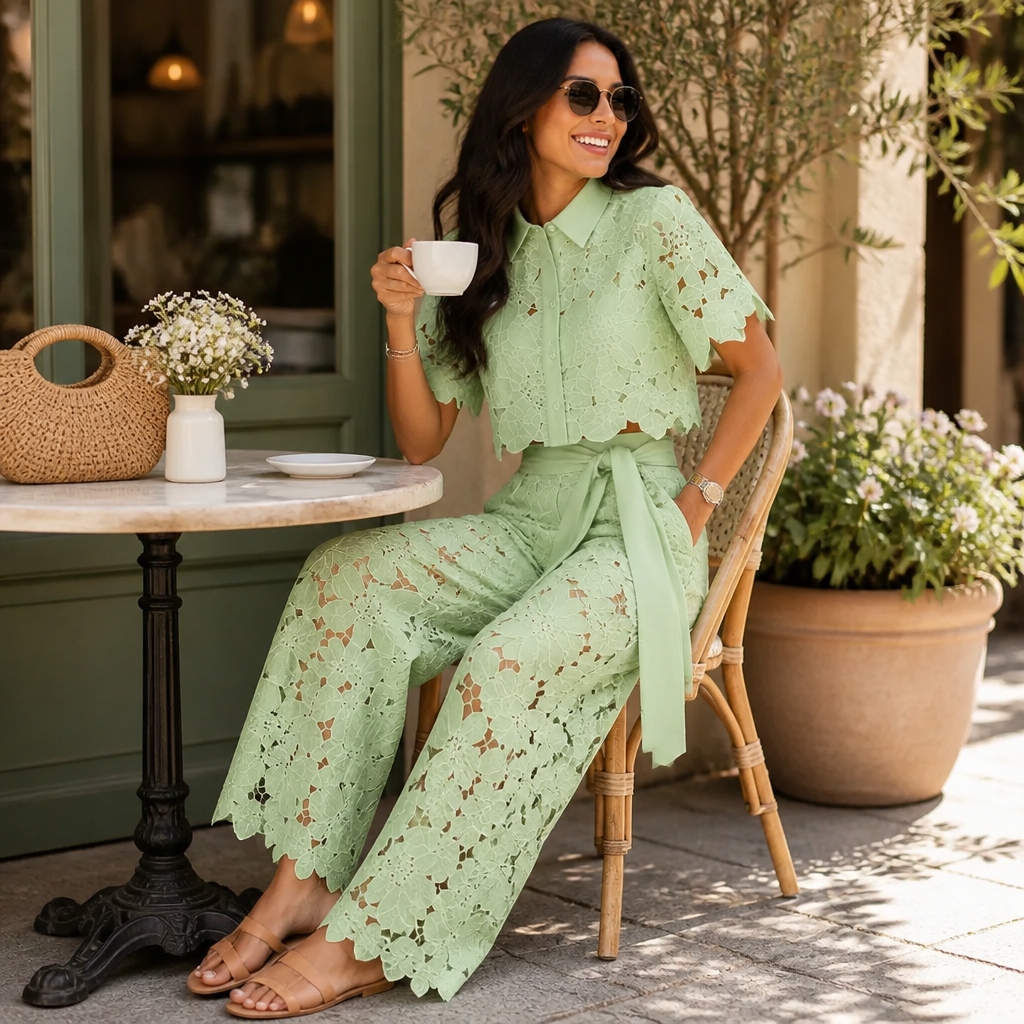Vellorette™ – Scalloped Floral Lace Two-Piece Set with Tie-Sash Wide-Leg Pants