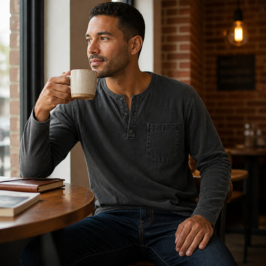 VeroVibe™ – Vintage Washed Long Sleeve Henley with Chest Pocket