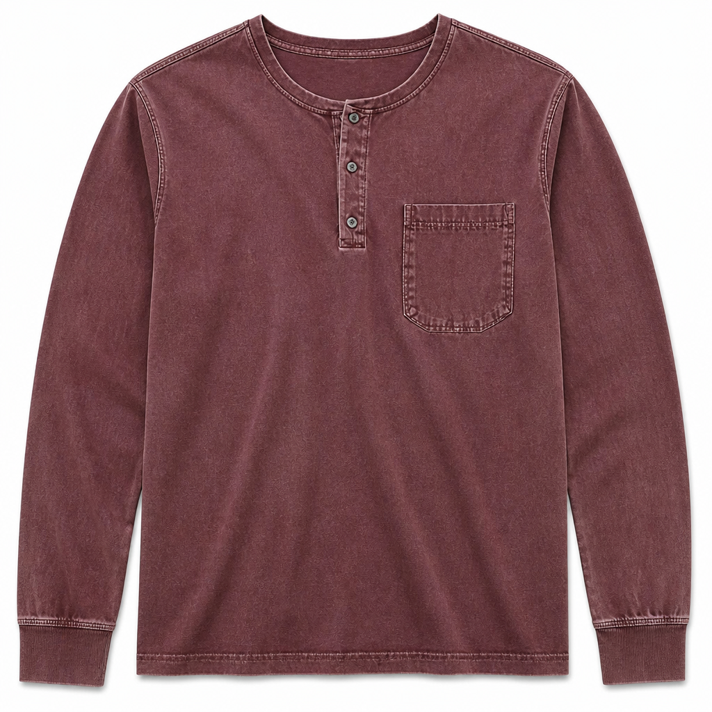 VeroVibe™ – Vintage Washed Long Sleeve Henley with Chest Pocket