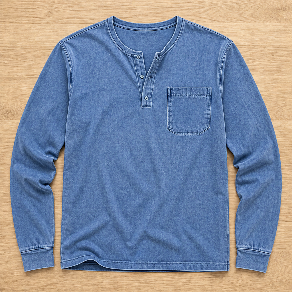 VeroVibe™ – Vintage Washed Long Sleeve Henley with Chest Pocket