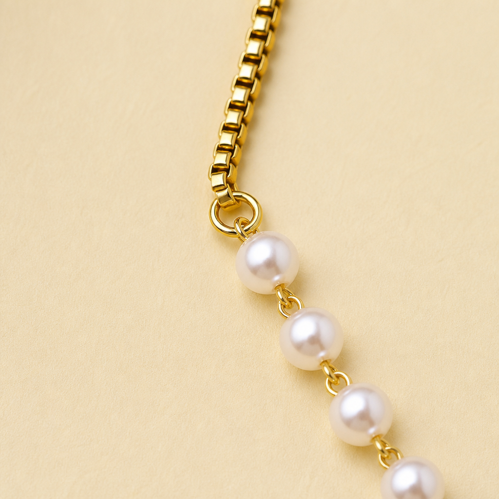 ViraLuxe™ – Asymmetric Pearl-and-Chain Gold Necklace & Bracelet Set
