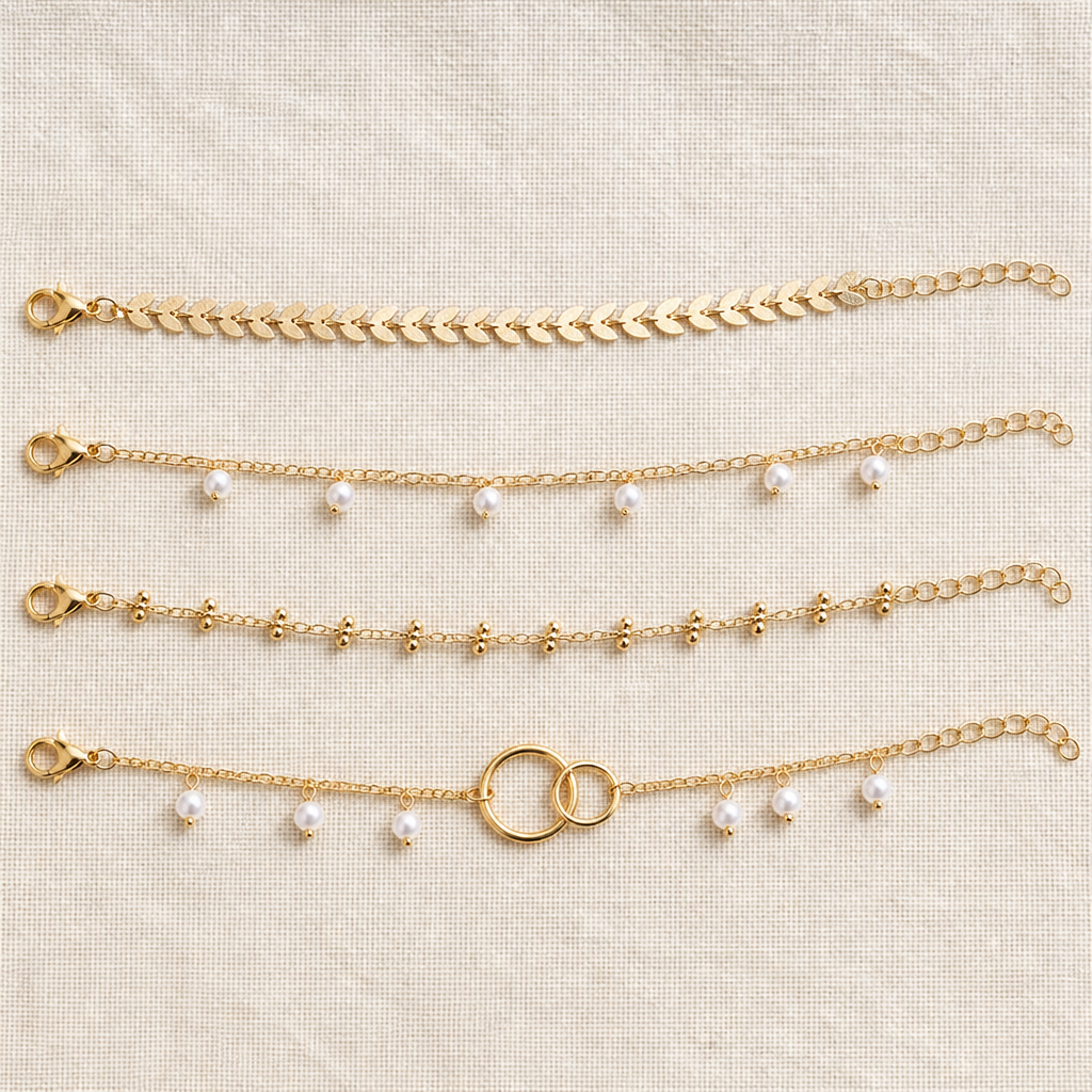 RadianceAura™ – Gold-Plated Layered Bracelet Set with Pearl & Laurel Detail