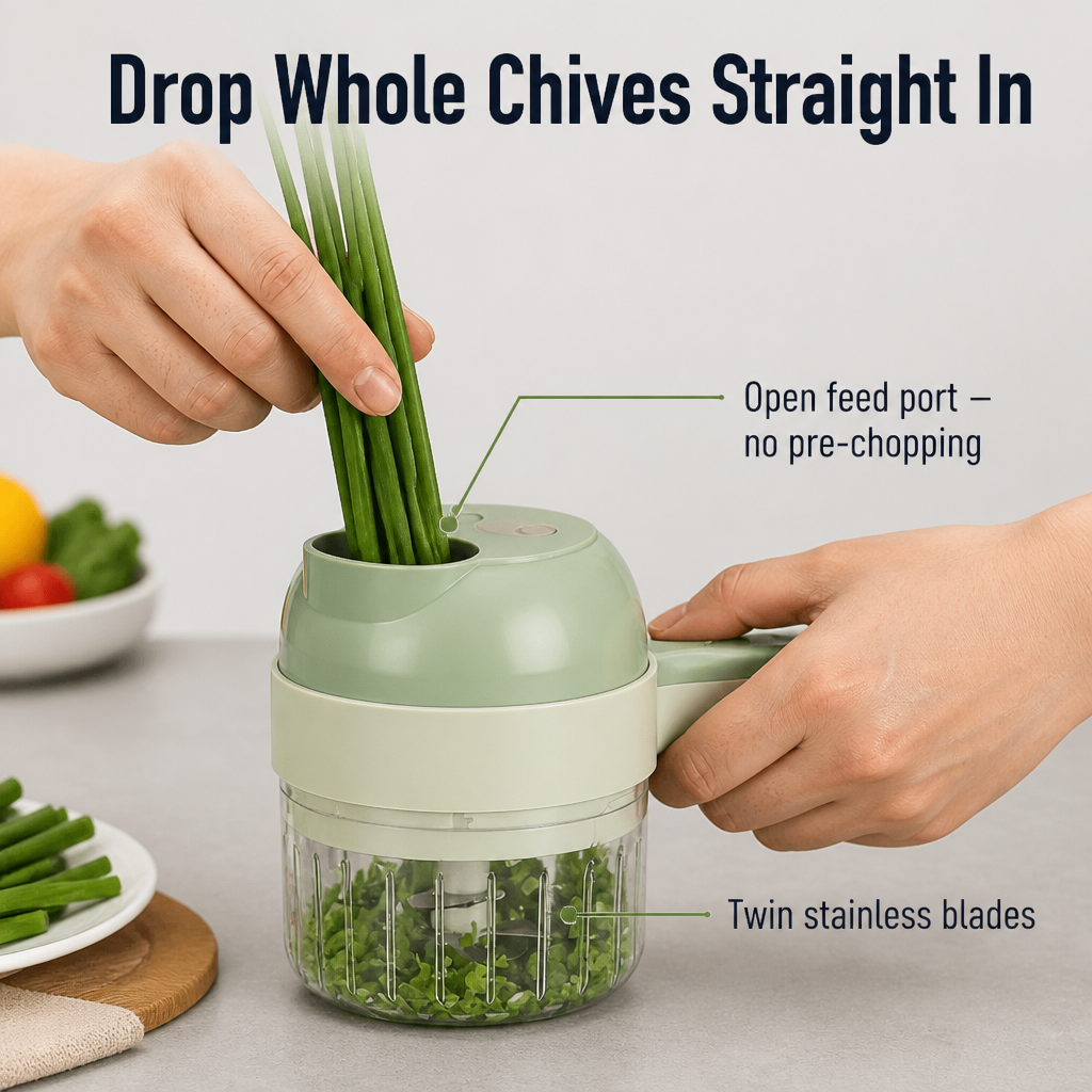 SliceSavvy™ — Mince Garlic, Slice Chili & Grind Meat in Seconds, Cordless