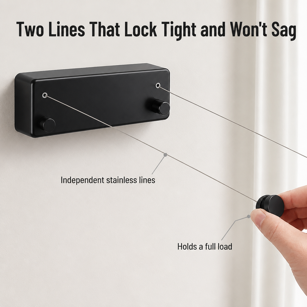 RoomFlow™ — Dry a Full Load, Then Vanish Your Clothesline Flat to the Wall