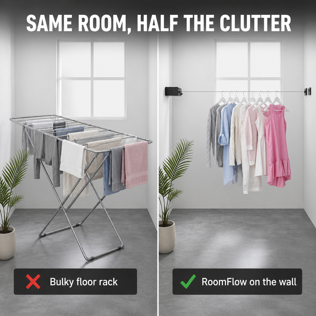 RoomFlow™ — Dry a Full Load, Then Vanish Your Clothesline Flat to the Wall