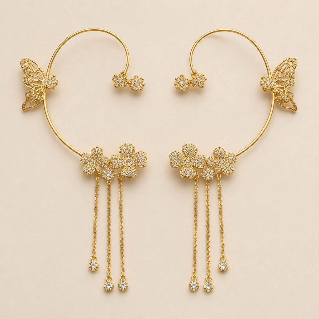 ZephyraLuxe™ – Butterfly Zircon Ear Cuff with Chain Tassels