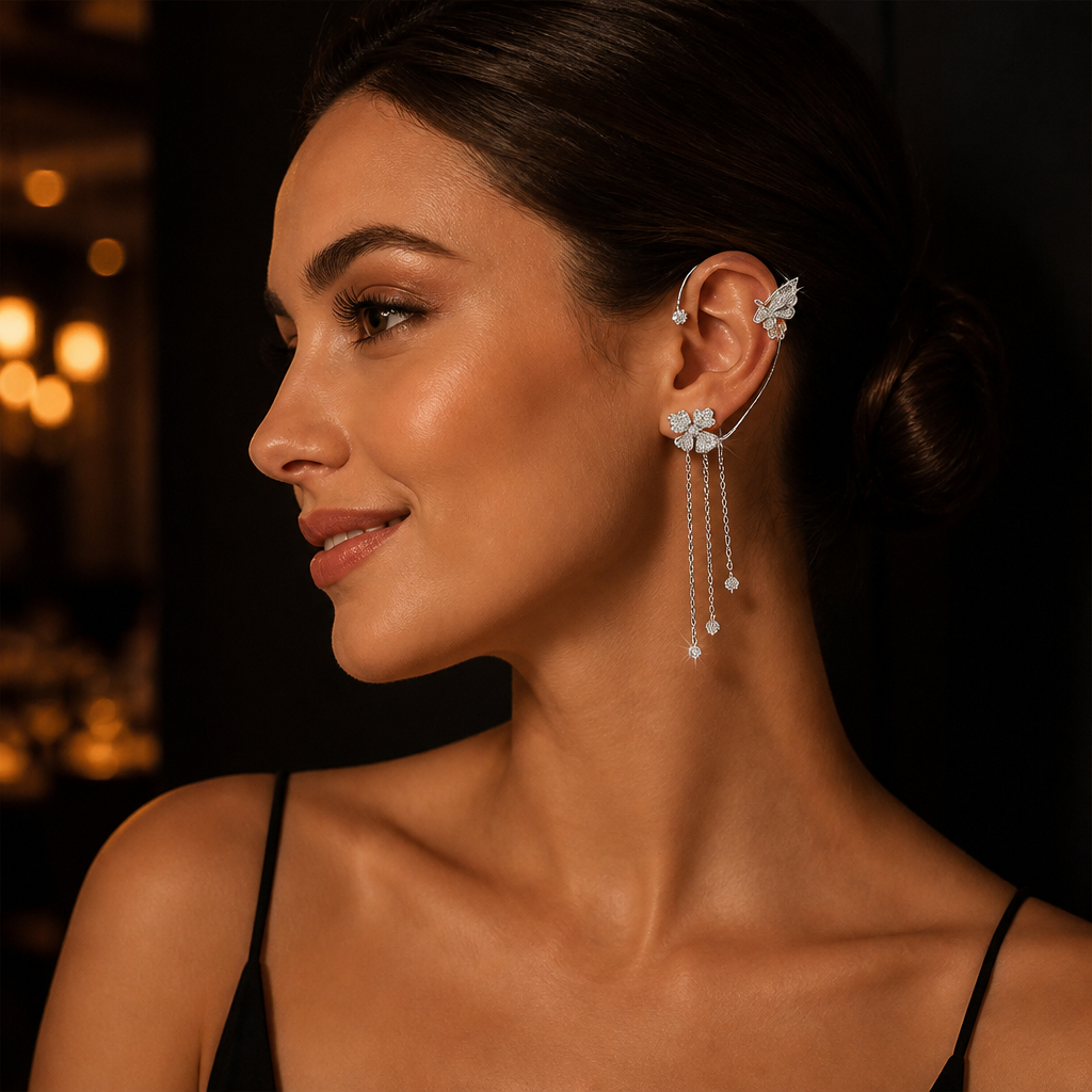 ZephyraLuxe™ – Butterfly Zircon Ear Cuff with Chain Tassels