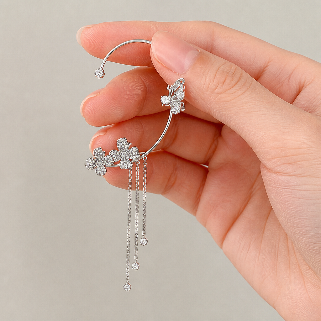 ZephyraLuxe™ – Butterfly Zircon Ear Cuff with Chain Tassels