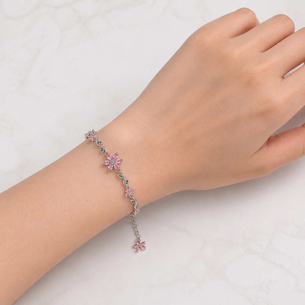 FleurAura™ – Delicate Cherry Blossom Crystal Bracelet with Adjustable Vine Chain