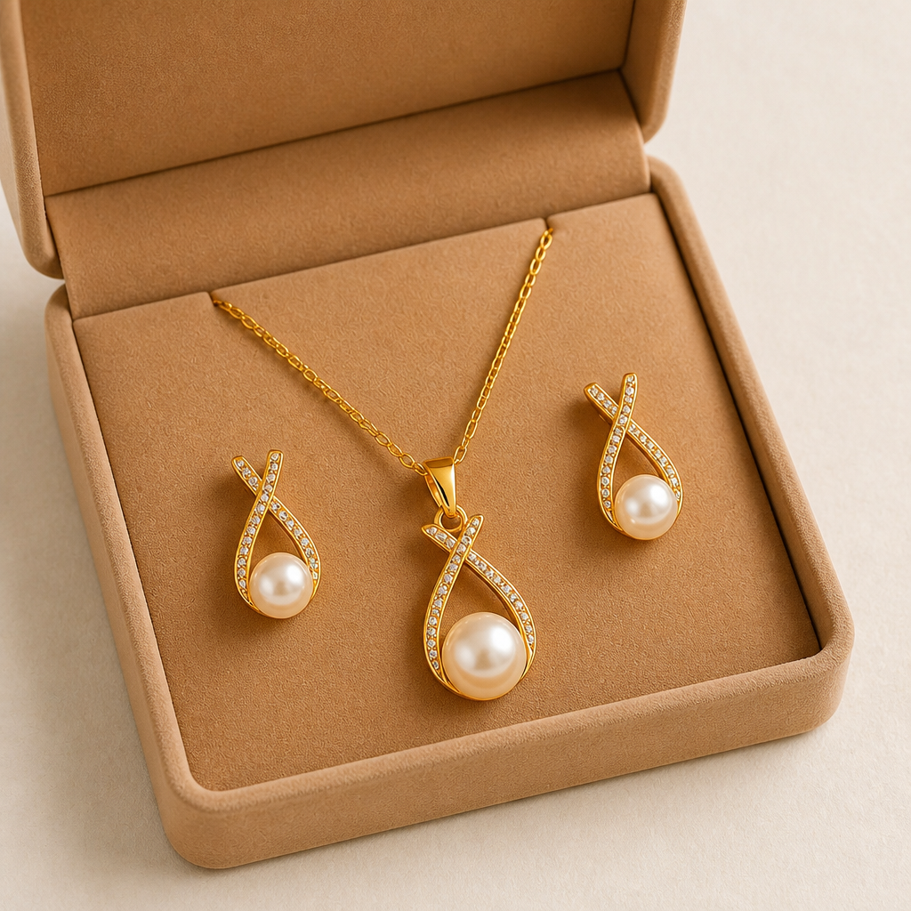 LumaRae™ – Twisted Pavé Pearl Pendant & Earring Set