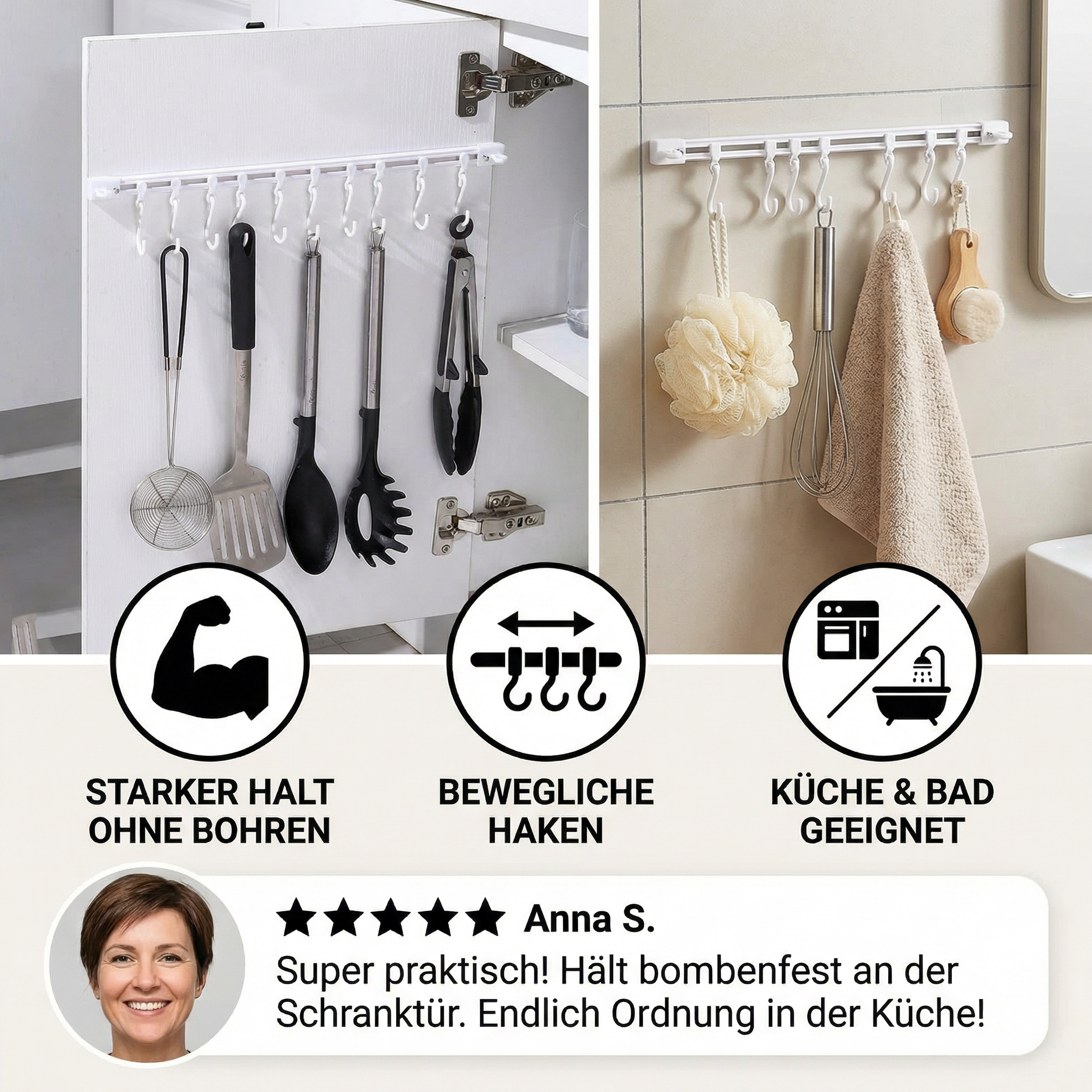 Self-Adhesive Hook Rack for Kitchen and Bathroom (Set of 2)