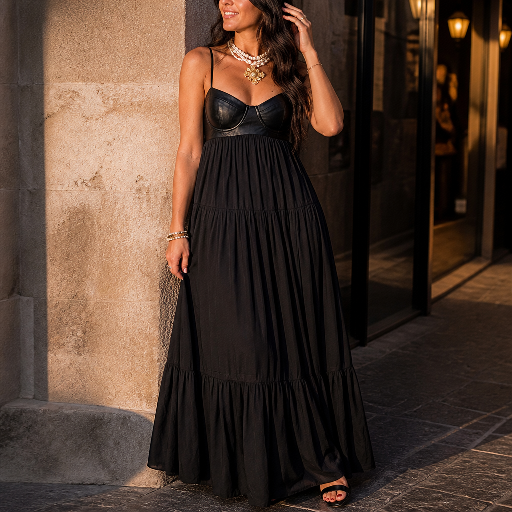 NoirFemme™ – Bold Faux-Leather Bustier Tiered Maxi Dress