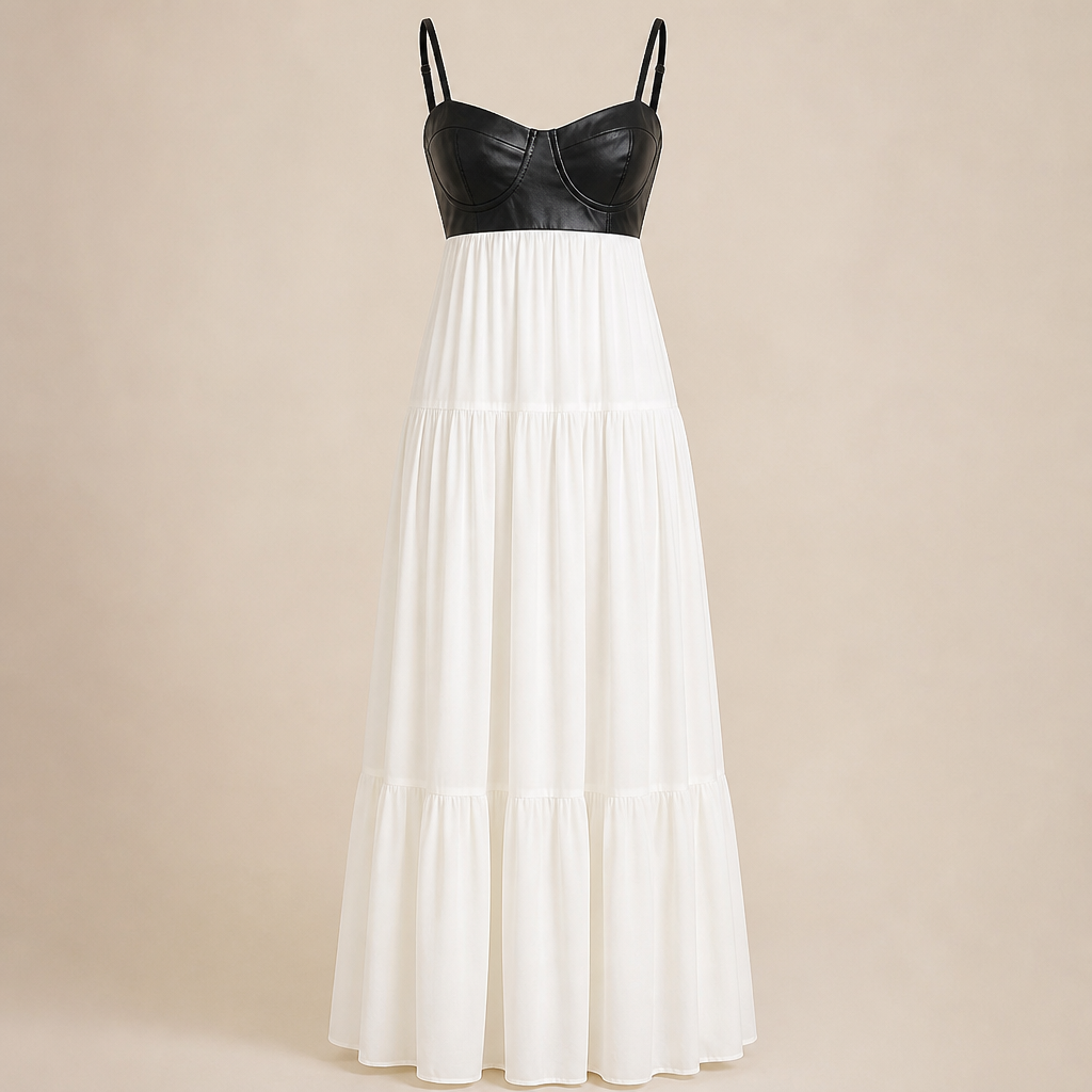 NoirFemme™ – Bold Faux-Leather Bustier Tiered Maxi Dress