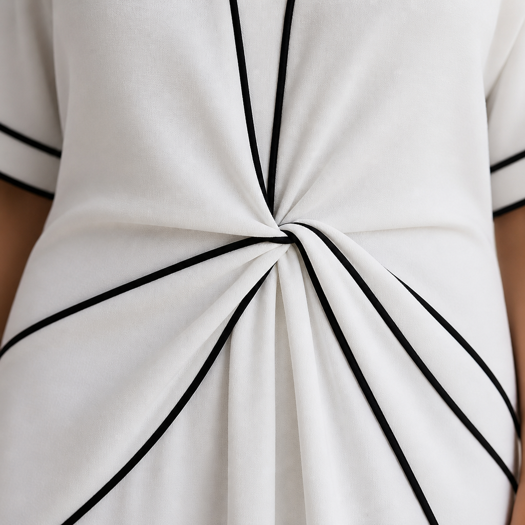 SolariaSilk™ – Flowy Contrast-Trim Midi Dress with Twist-Knot Waist