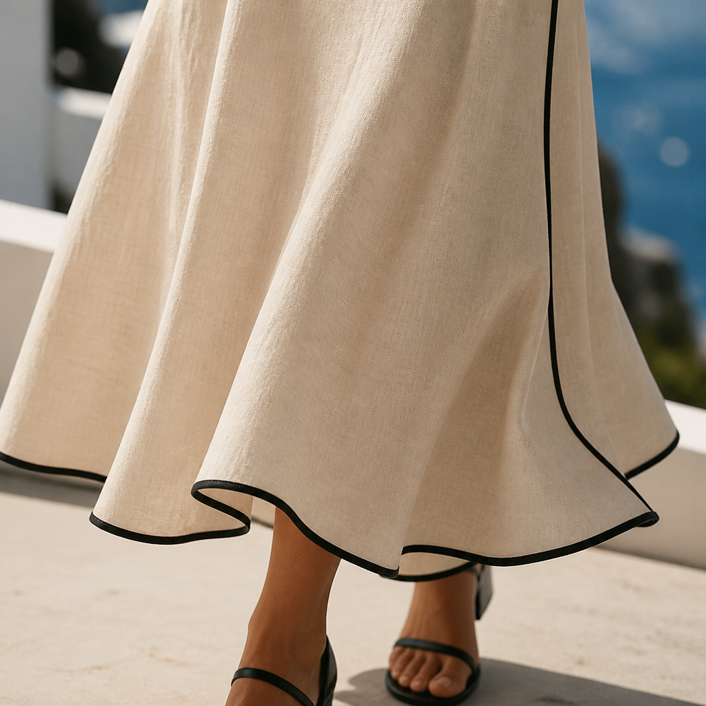 SolariaSilk™ – Flowy Contrast-Trim Midi Dress with Twist-Knot Waist