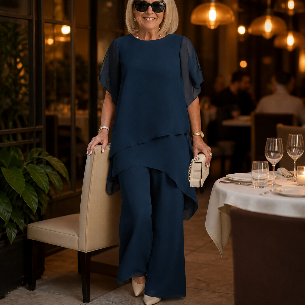 ZephyraFlex™ – Elegant Asymmetrical Chiffon Top & Wide-Leg Pants Set