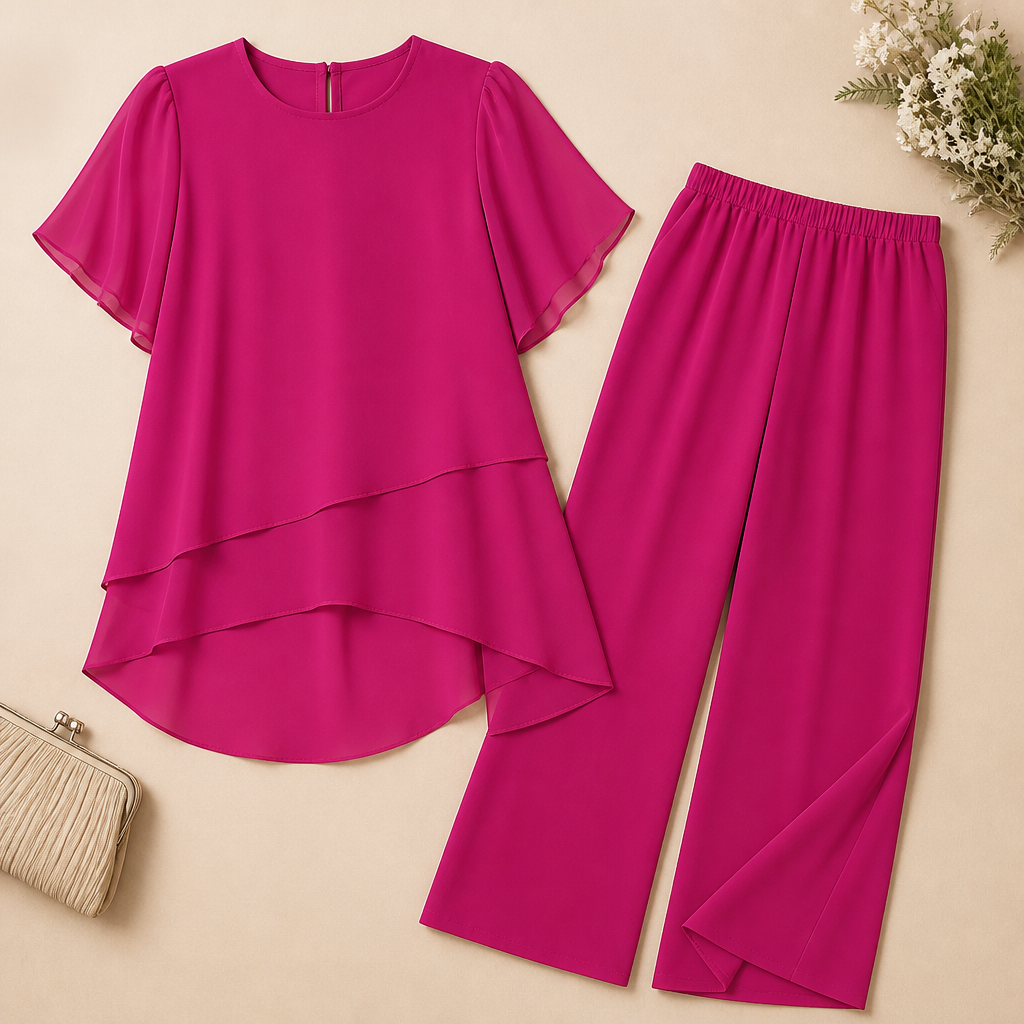 ZephyraFlex™ – Elegant Asymmetrical Chiffon Top & Wide-Leg Pants Set
