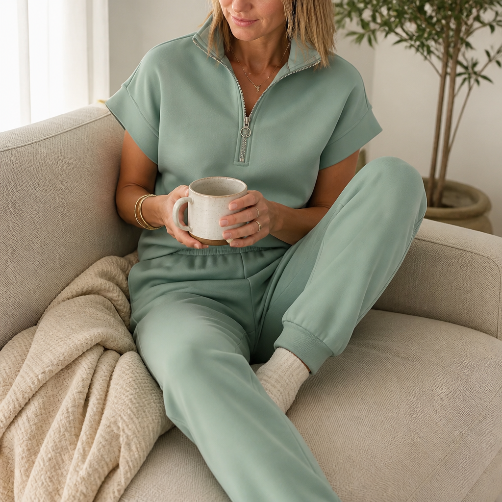 Avelle™ – Relaxed Cap-Sleeve Quarter-Zip Lounge Set with Tapered Joggers