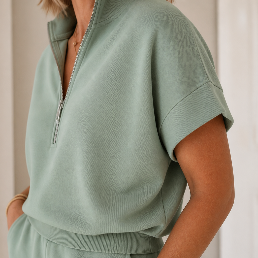Avelle™ – Relaxed Cap-Sleeve Quarter-Zip Lounge Set with Tapered Joggers
