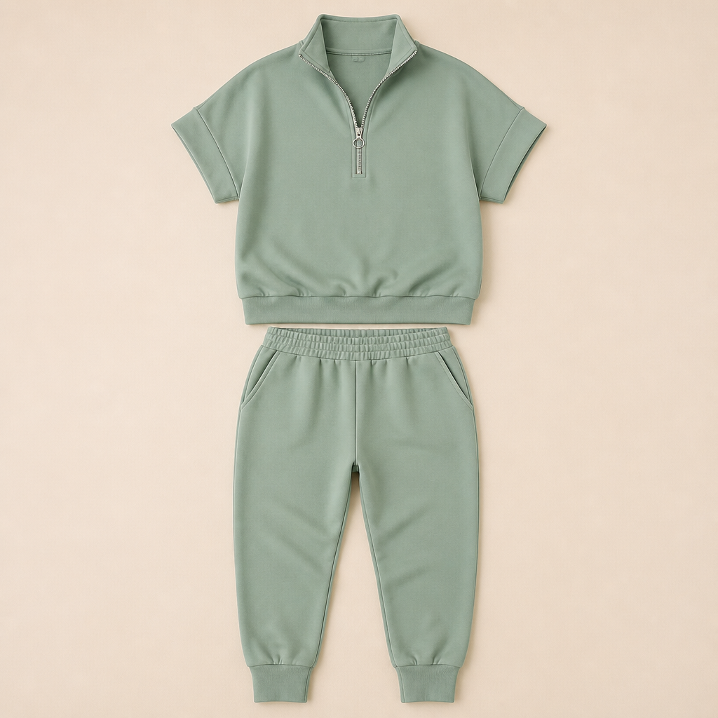 Avelle™ – Relaxed Cap-Sleeve Quarter-Zip Lounge Set with Tapered Joggers