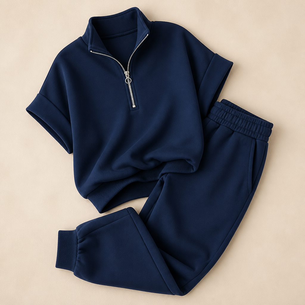 Avelle™ – Relaxed Cap-Sleeve Quarter-Zip Lounge Set with Tapered Joggers