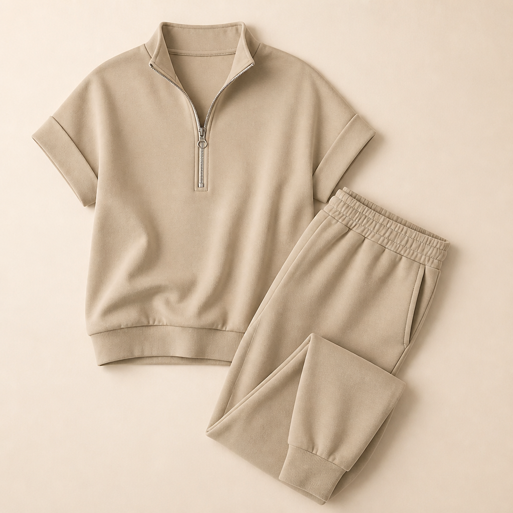 Avelle™ – Relaxed Cap-Sleeve Quarter-Zip Lounge Set with Tapered Joggers