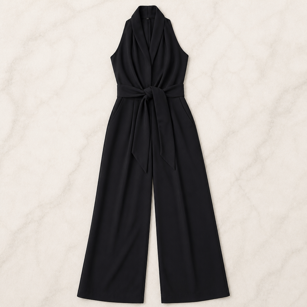 LuminaSilk™ – Draped Halter Wide-Leg Jumpsuit with Tie Waist