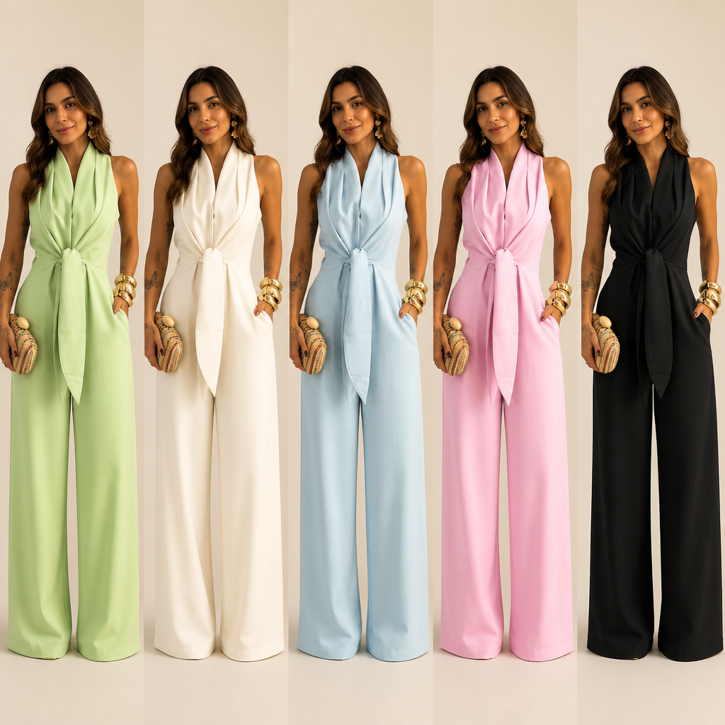 LuminaSilk™ – Draped Halter Wide-Leg Jumpsuit with Tie Waist