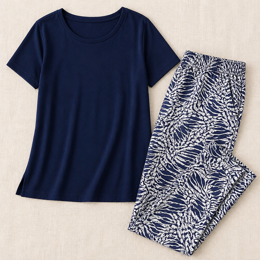 LumaraFlex™ – Relaxed Short-Sleeve Top & Printed Tapered Pant Set