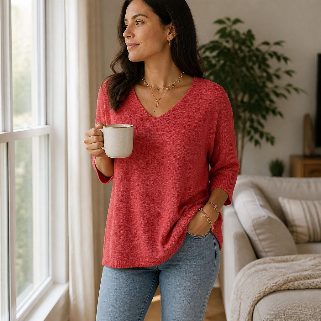 LuminaLuxe™ – Relaxed V-Neck Soft Knit Top with 3/4 Sleeves